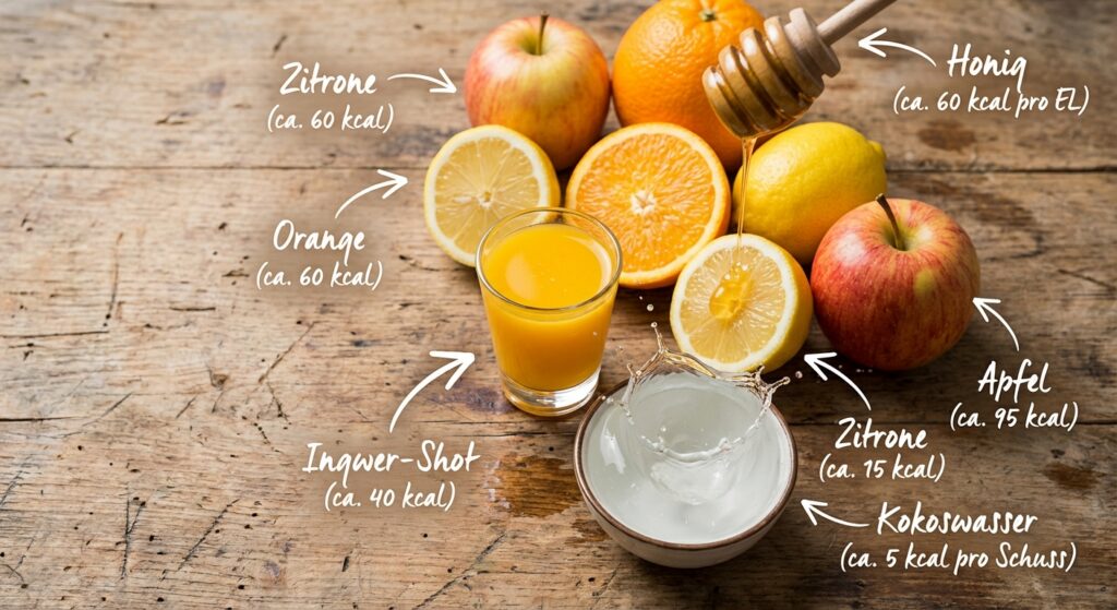 Nahaufnahme von frischem Ingwer Shot mit Orangen, Zitronen und Kokoswasser