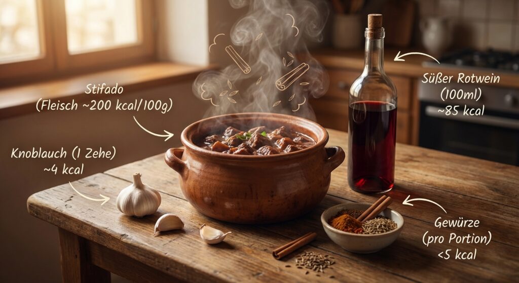 Gemütliche Küche mit Stifado im mittleren Topf auf Esstisch