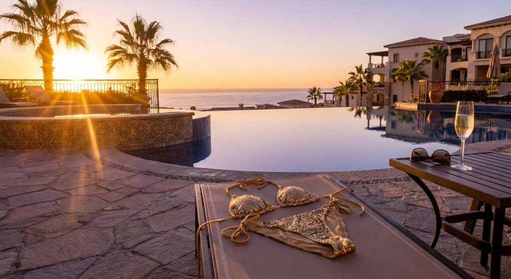 Symbolisches Bild eines goldenen Bikinis am Pool im Sonnenaufgang für Glamour und Selbstbewusstsein