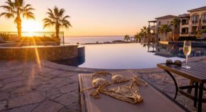 Symbolisches Bild eines goldenen Bikinis am Pool im Sonnenaufgang für Glamour und Selbstbewusstsein