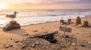Schwarzer Bikini-Unterteil am Strand bei Sonnenuntergang, humorvolle Szene