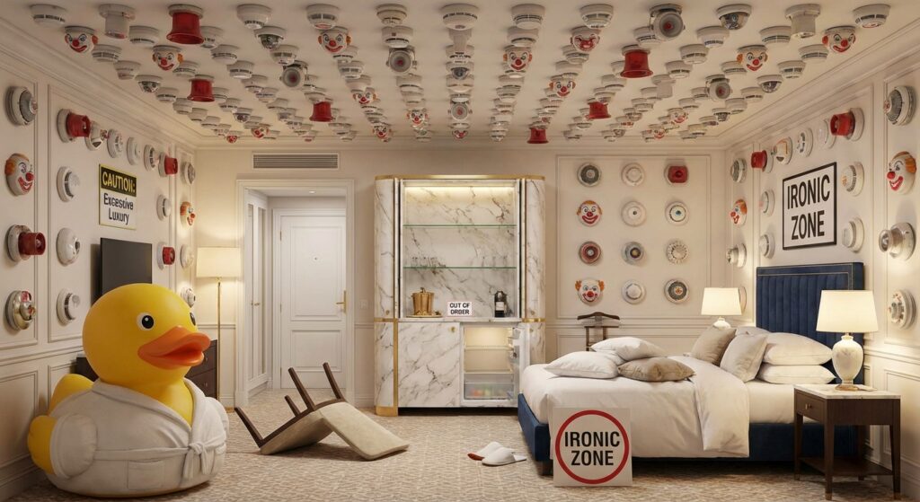 Lustiges und chaotisches Hotelzimmer, humorvoll dargestellt