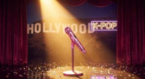 Symbolisches Bild: Pinkes Mikrofon im goldenen Spotlight, K‑Pop trifft Hollywood