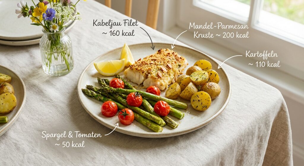 Knuspriger Schellfisch mit Mandeln und Parmesan in der Heißluftfritteuse, auf Teller angerichtet