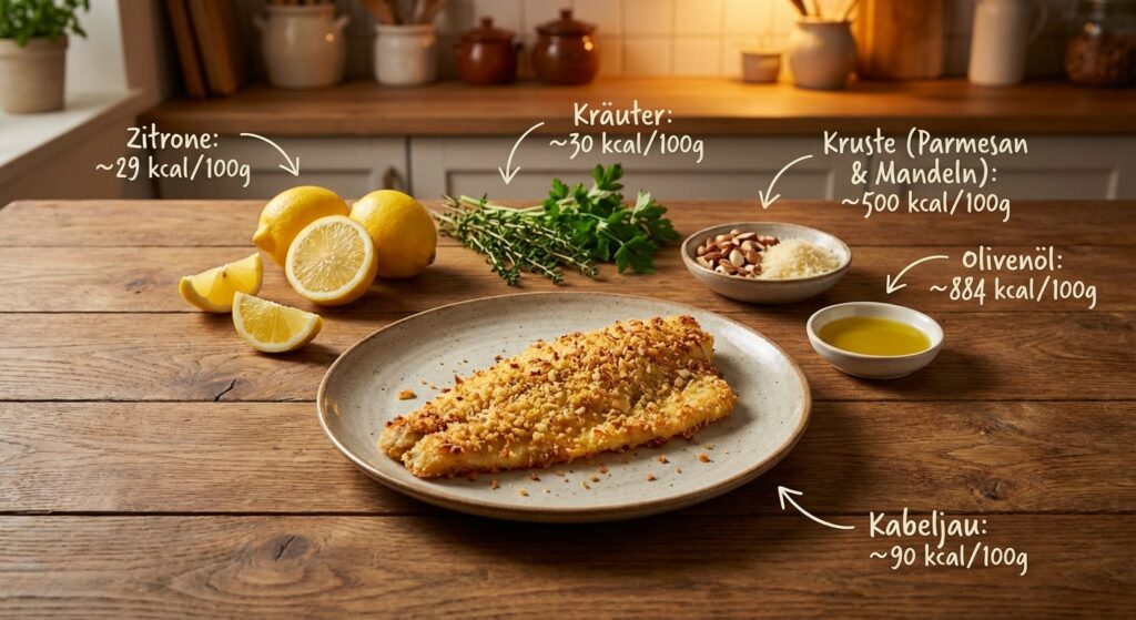 Knuspriger Schellfisch mit Parmesan-Mandel-Kruste auf einem Teller