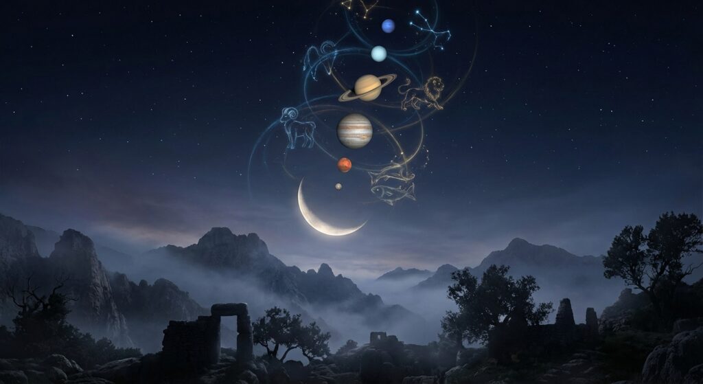Mystische Landschaft mit Neumond und Planeten im Nachthimmel, symbolische astrologische Darstellung