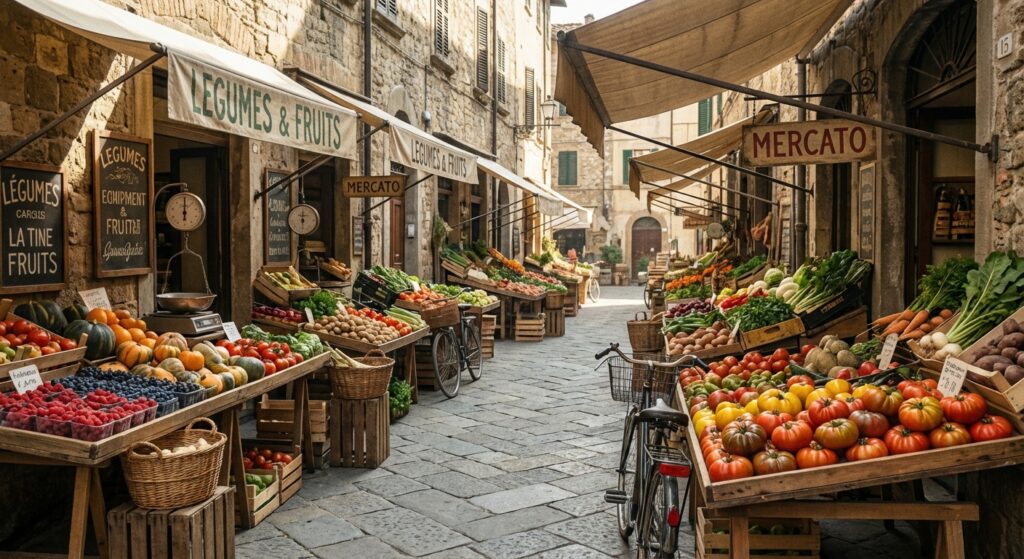 Farbenfroher Wochenmarkt mit frischem Obst und Gemüse