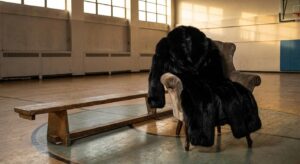 Schwarzer Luxuspelz auf Stuhl im Basketballstadion, stilvoll und sportlich symbolisch