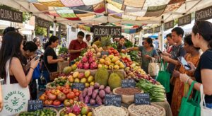 Bunter Marktstand mit Früchten und Gemüse, globaler Essgewohnheiten