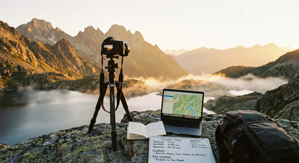 Sonnenaufgangslandschaft mit Kamera und Notizen