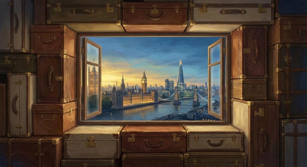 Symbolisches Penthouse mit Umzugskartons und Blick über London bei Abenddämmerung