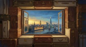 Symbolisches Penthouse mit Umzugskartons und Blick über London bei Abenddämmerung