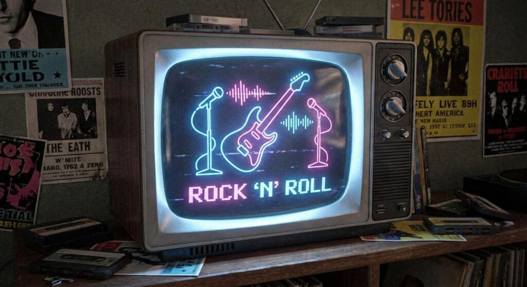 Retro Fernseher mit Gitarren-Silhouetten – Tokio Hotel & Wetten, dass..? Flair