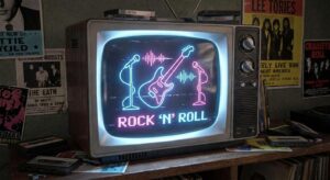 Retro Fernseher mit Gitarren-Silhouetten – Tokio Hotel & Wetten, dass..? Flair