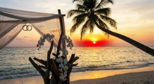 Symbolische Strandhochzeit bei Sonnenuntergang auf den Malediven
