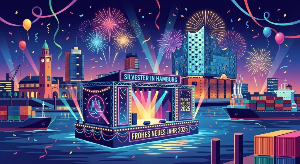 Schwimmende Bühne auf der Elbe mit Feuerwerk im Hamburger Hafen, Silvesterfeier Symbolbild