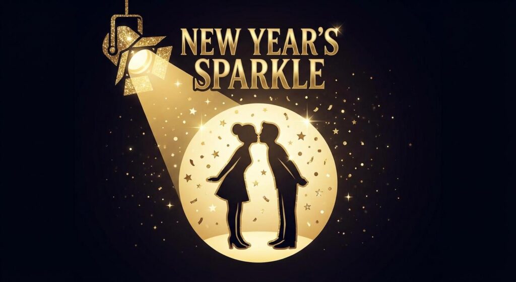 Symbolisches Spotlight auf zwei sich küssende Silhouetten unter Konfetti – Silvesterliebe glamourös inszeniert
