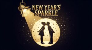 Symbolisches Spotlight auf zwei sich küssende Silhouetten unter Konfetti – Silvesterliebe glamourös inszeniert