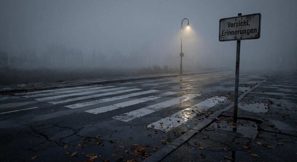 Symbolischer leerer Zebrastreifen bei Morgendämmerung – Erinnerung und Vergänglichkeit