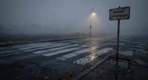 Symbolischer leerer Zebrastreifen bei Morgendämmerung – Erinnerung und Vergänglichkeit