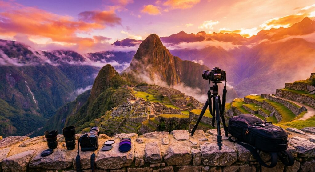 Sonnenaufgang über Fotospot mit Kameraausrüstung, farbenfroh