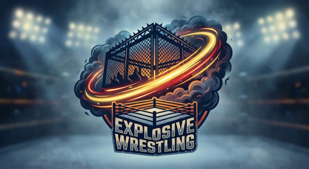 Symbolisches Bild eines Wrestling‑Rings mit Stahlkäfig und dramatischer Beleuchtung