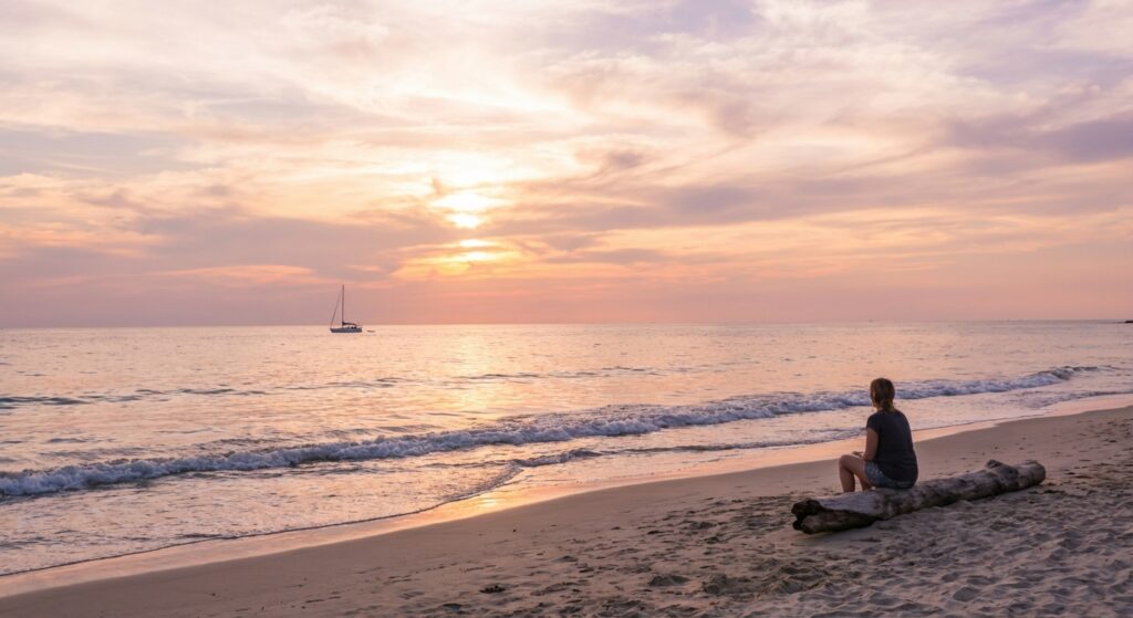Ein ruhiger Strandabend mit sanftem Licht und Wellen