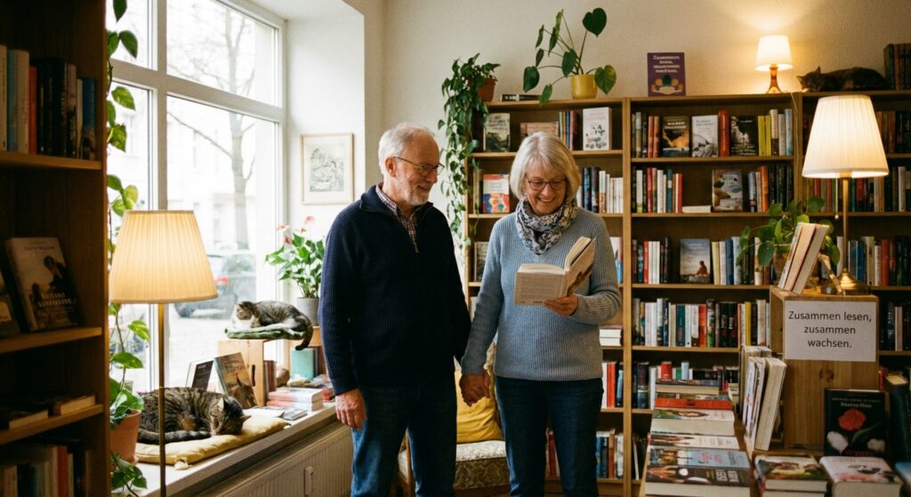 Symbolische Darstellung eines Paares, das zusammen einen Buchladen besucht