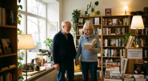 Symbolische Darstellung eines Paares, das zusammen einen Buchladen besucht