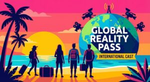 Symbolische Darstellung internationaler Kandidaten bei Love Island – Koffer, Palmen, Villa‑Silhouetten