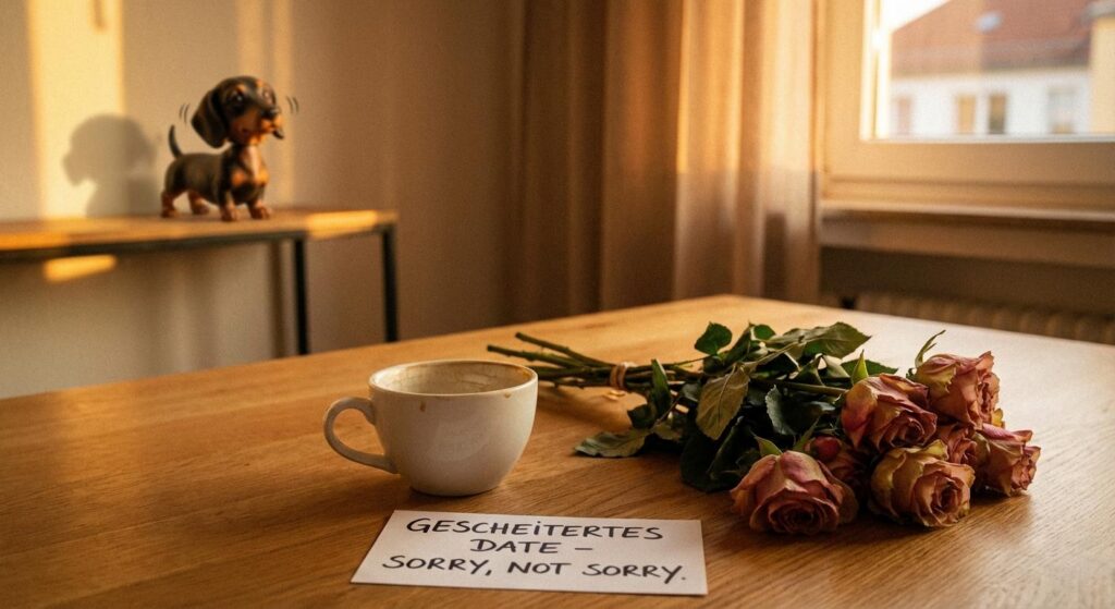 Leere Kaffeetasse und verwelkte Rose – Symbol eines gescheiterten Dates