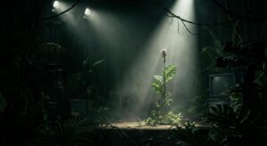 Symbolische Bühne im Dschungelcamp ohne Personen, Mikrophon und dramatische Beleuchtung