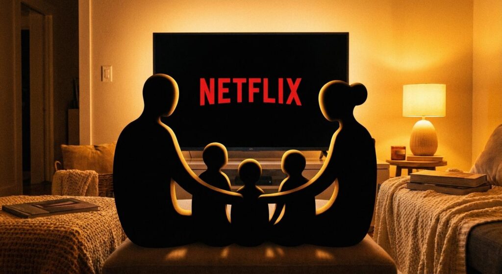 Symbolische stilisierte Familie vor einer Bildschirm‑Leinwand, gemütliche Wohnzimmer‑Atmosphäre