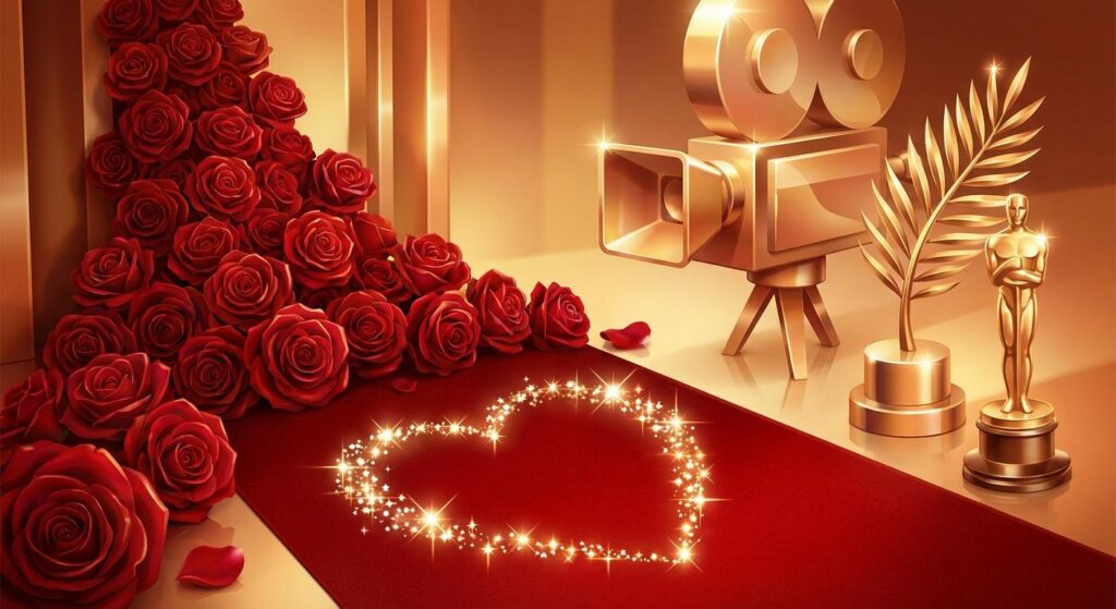 Symbolbild roter Teppich mit Herz, Rose und Filmkamera – Liebesgeste Hollywood