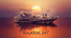 Symbolbild einer Yacht im Sonnenuntergang, einsam auf dem Meer – wirkt ironisch und humorvoll