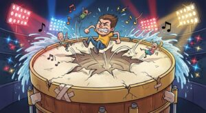 Symbolisches Bild eines Trommelfells als Sprungmatte mit Wassereffekt – Promi-Sprungsymbol – SEO