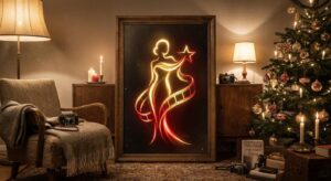 Symbolbild stilisiertes Wohnzimmer mit leuchtender Silhouette im Bilderrahmen als Abschiedssymbol