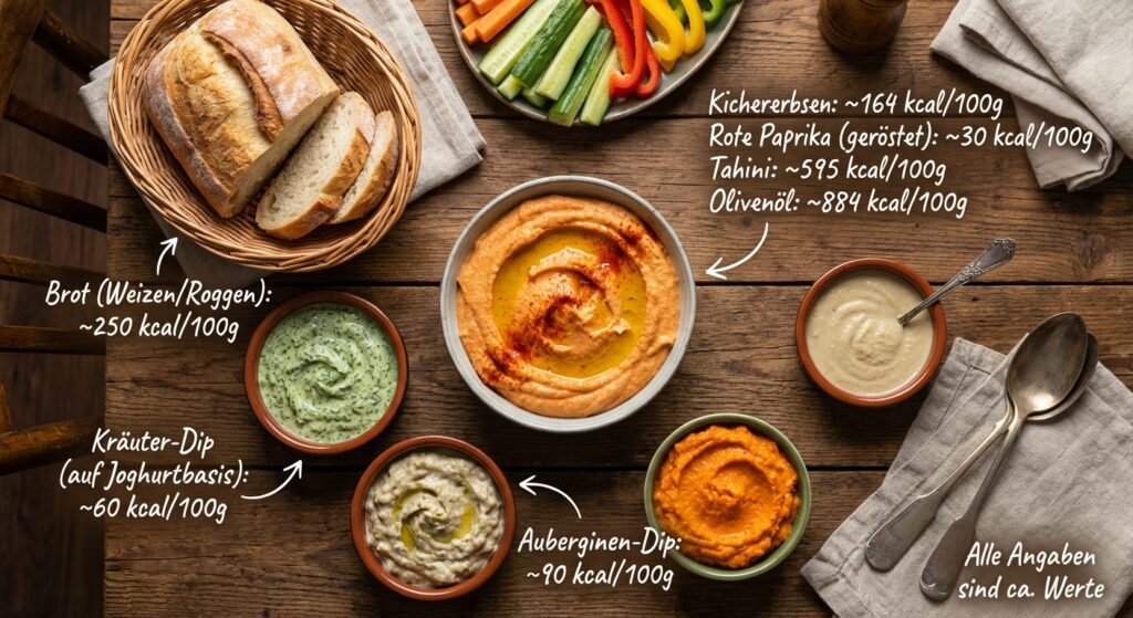Ein Tisch voller bunter Mezze mit geröstetem Paprikahummus