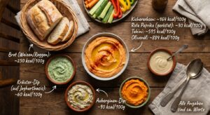 Ein Tisch voller bunter Mezze mit geröstetem Paprikahummus