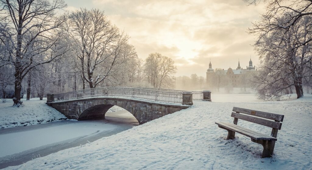 Winterliche Szene im schwedischen Royal Park symbolisch für Erinnerung und Hoffnung