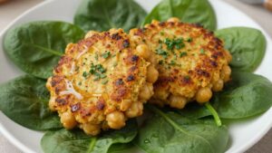 Gesunde Kichererbsentaler auf Spinat mit Kräutern