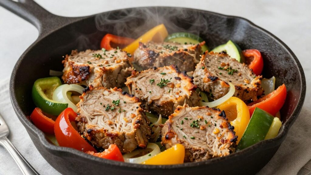 Leberkäse-Pfanne mit buntem Gemüse in einer Pfanne