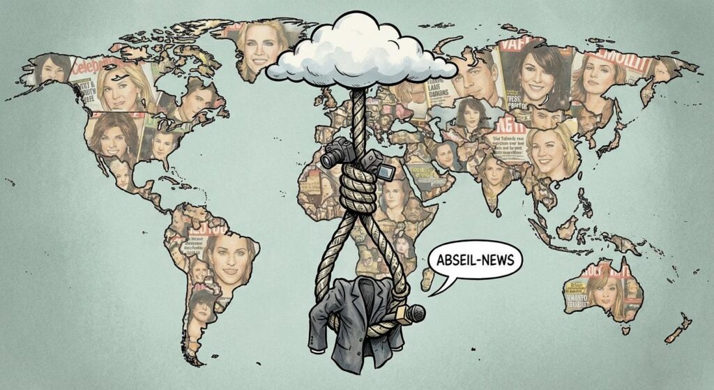 Symbolbild eines stilisierten Seils, das humorvoll über eine Weltkarte abseilt, zur Promi-News-Illustration