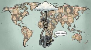 Symbolbild eines stilisierten Seils, das humorvoll über eine Weltkarte abseilt, zur Promi-News-Illustration