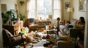 Chaotisches Wohnzimmer mit Spielzeug und Sonnenlicht