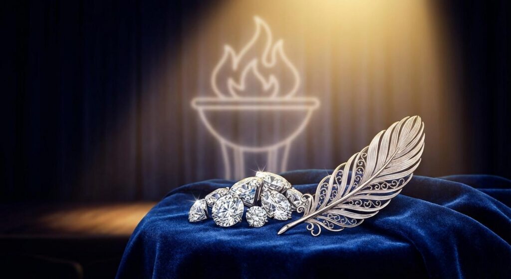 Symbolbild mit Diamanten auf Bühne vor olympischem Feuer – Glamour und Frieden
