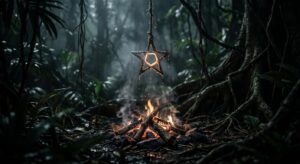 Symbolischer Dschungelcamp-Lagerfeuer mit leuchtendem Davidstern als Schlüsselmotiv