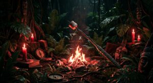 Symbolisches Lagerfeuer mit zerbrochenem Davidstern – Dschungelcamp Drama Symbolbild