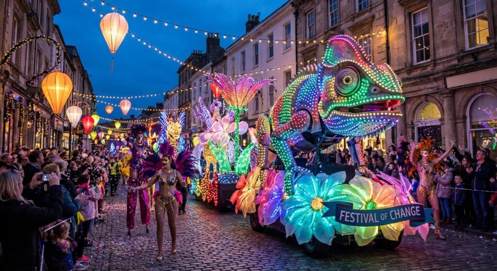 Ein farbenfroher Karneval mit hellen Lichtern und extravaganten Wagen, der Wandel und Mut symbolisiert.