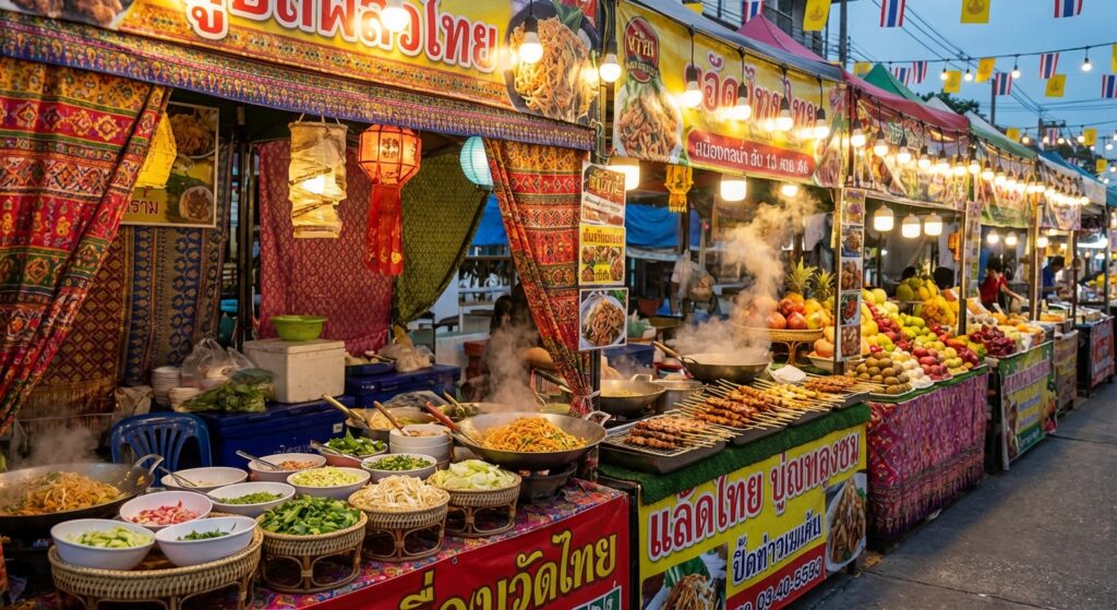 Bunter Streetfood-Markt in Thailand ohne Menschen